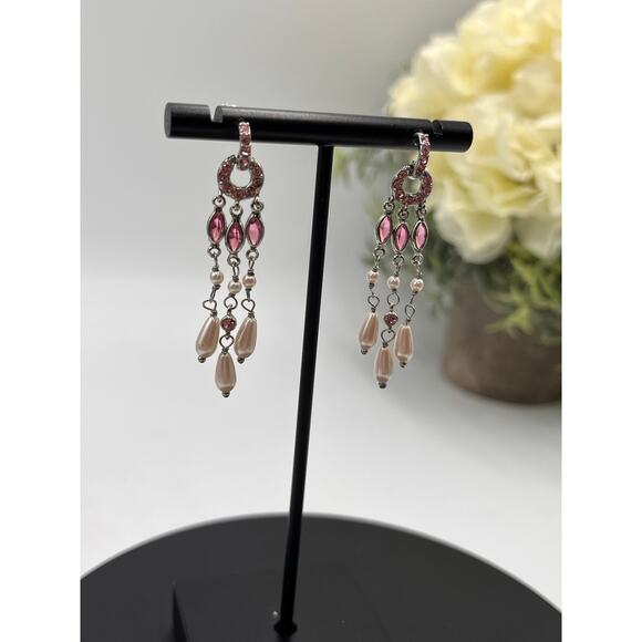 Monet Pink Pave Rhinestone Faux Teardrop Pearls Dangle Chandelier Earrings - Picture 3 of 8
